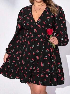 SHEIN Black Cherry-Print V-Neck Midi Dress